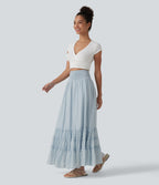 High Waisted Flowy Tiered Maxi Resort Skirt — Illusion Blue — view 6