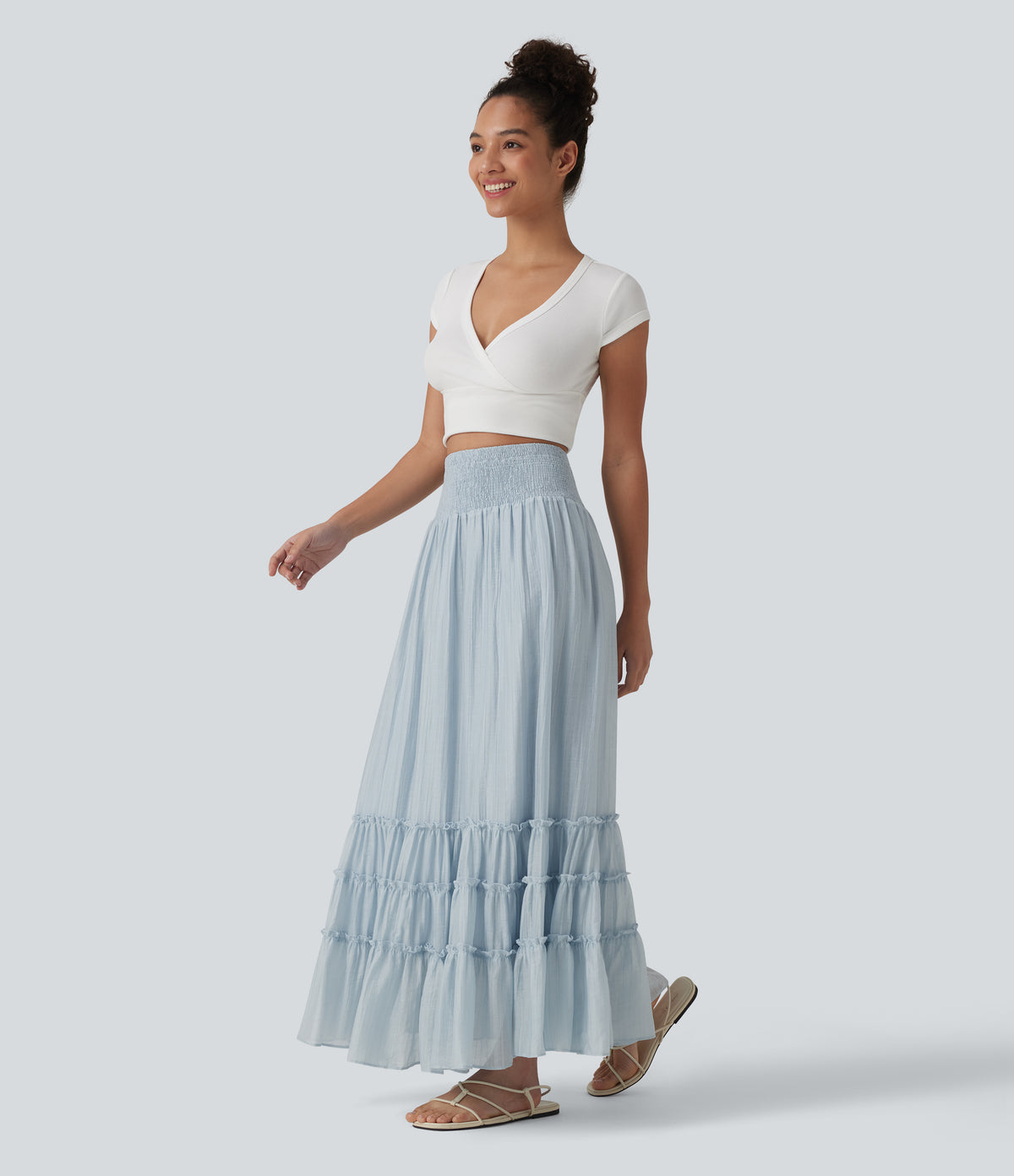 High Waisted Flowy Tiered Maxi Resort Skirt — Illusion Blue — view 6