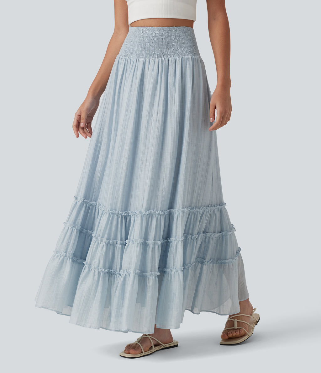 High Waisted Flowy Tiered Maxi Resort Skirt — Illusion Blue — view 3
