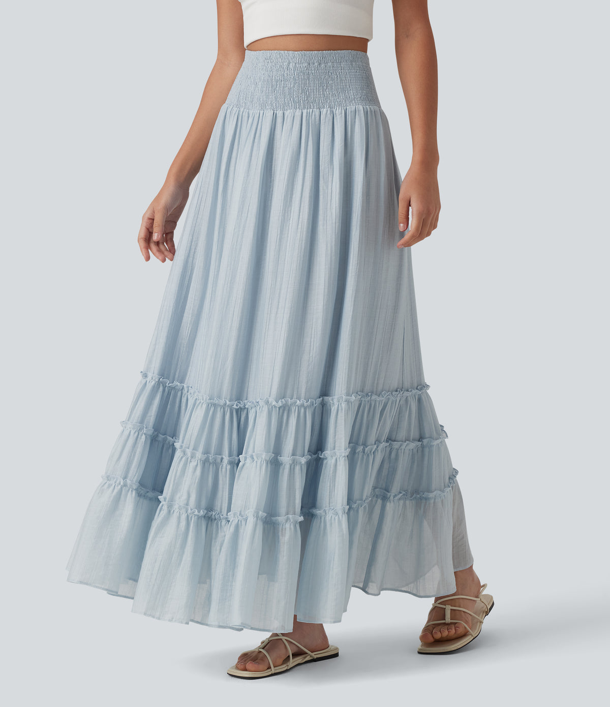 High Waisted Flowy Tiered Maxi Resort Skirt — Illusion Blue — view 3