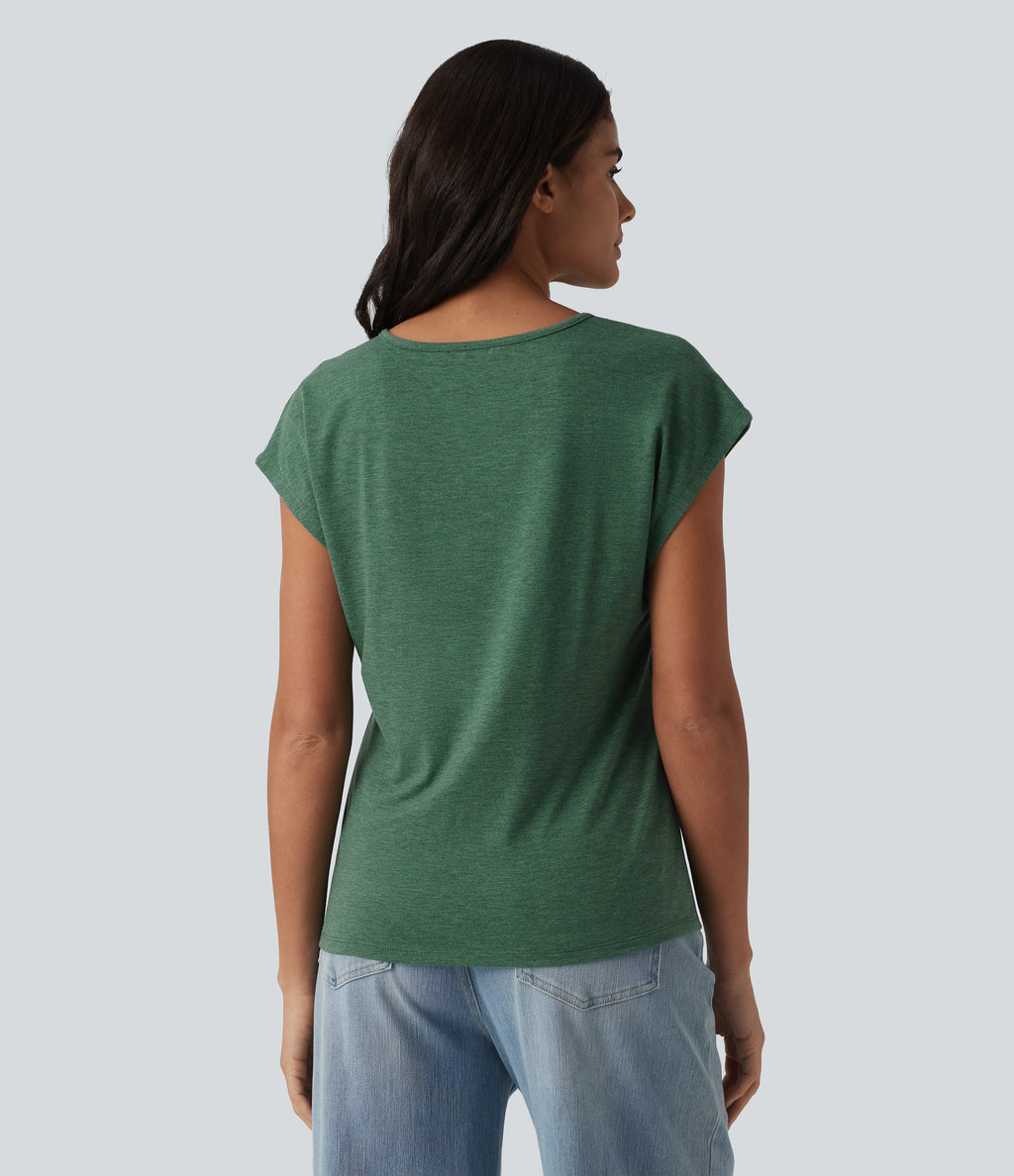V Neck Batwing Short Sleeve Heathered Casual T-Shirt — Emerald Floral Yarn — view 2