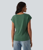 V Neck Batwing Short Sleeve Heathered Casual T-Shirt — Emerald Floral Yarn — view 2