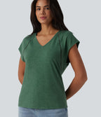 V Neck Batwing Short Sleeve Heathered Casual T-Shirt — Emerald Floral Yarn — view 5