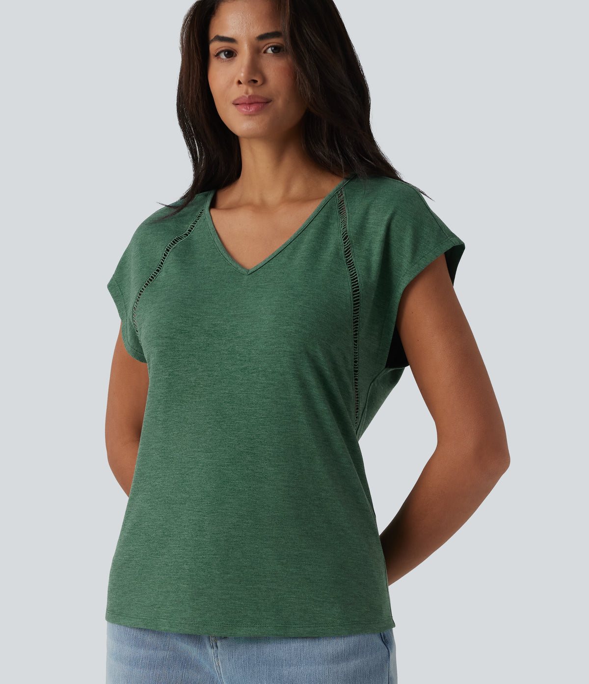 V Neck Batwing Short Sleeve Heathered Casual T-Shirt — Emerald Floral Yarn — view 5