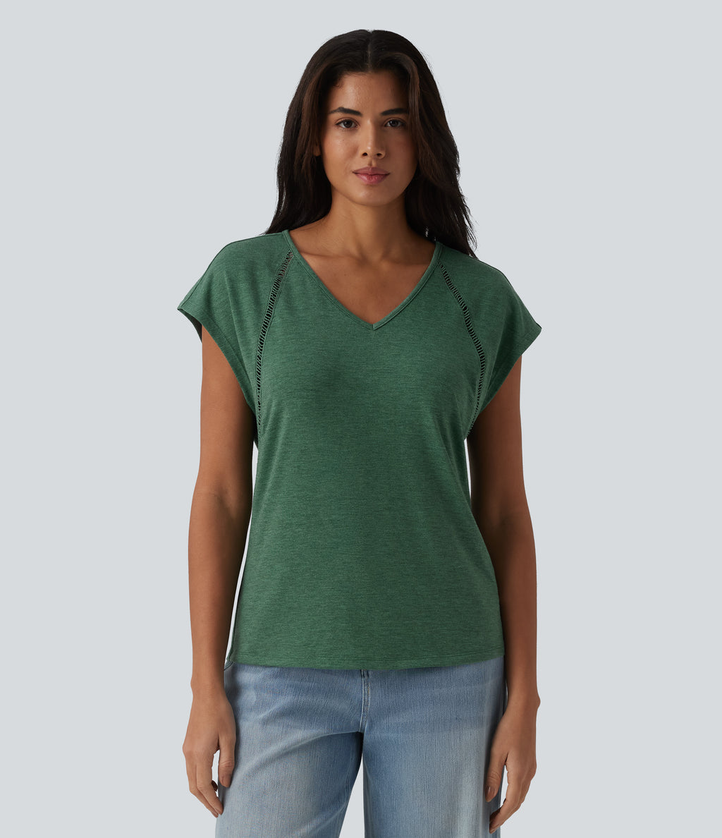 V Neck Batwing Short Sleeve Heathered Casual T-Shirt — Emerald Floral Yarn — view 4