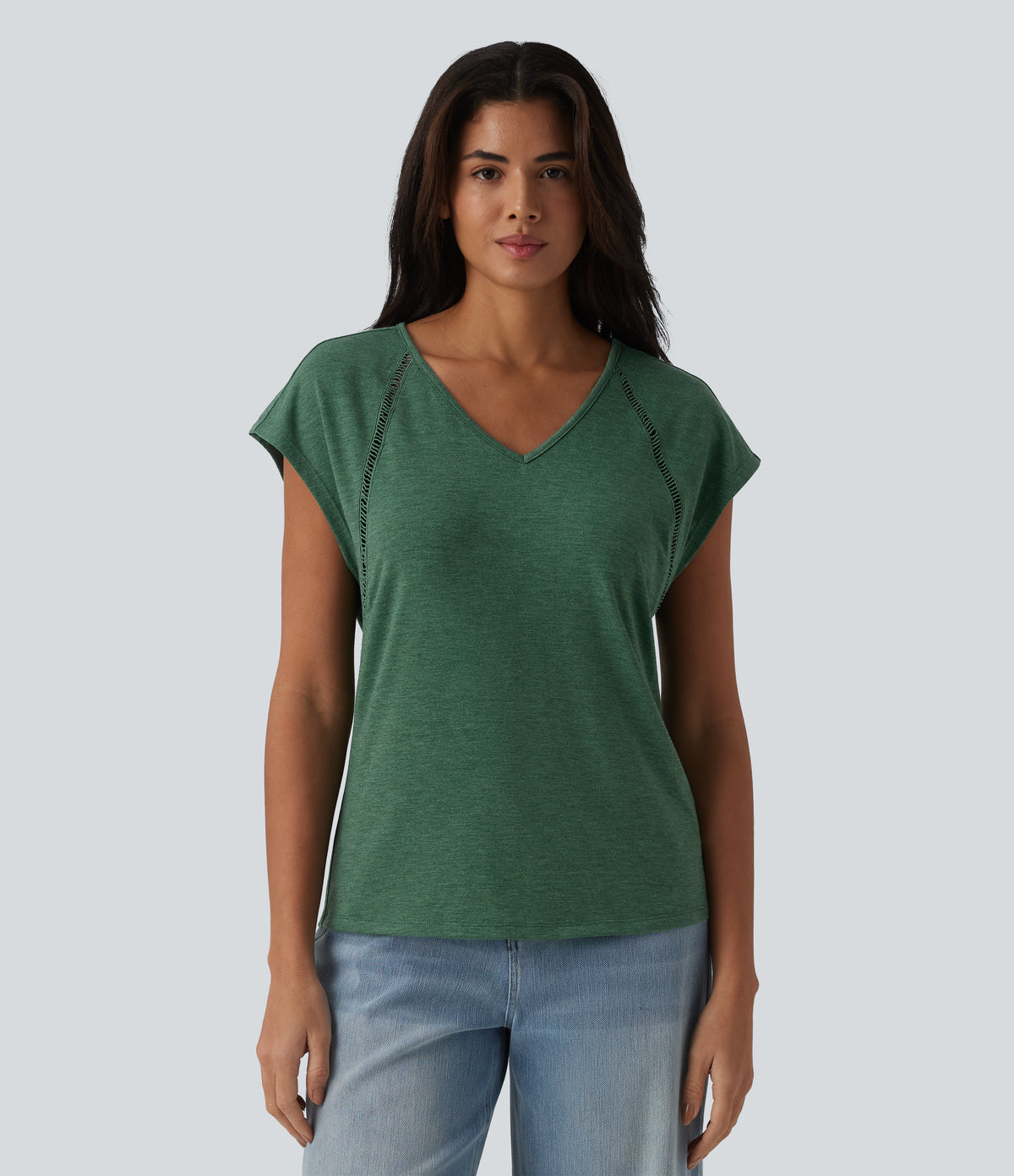 V Neck Batwing Short Sleeve Heathered Casual T-Shirt — Emerald Floral Yarn — view 4