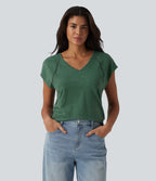 V Neck Batwing Short Sleeve Heathered Casual T-Shirt — Emerald Floral Yarn — view 1