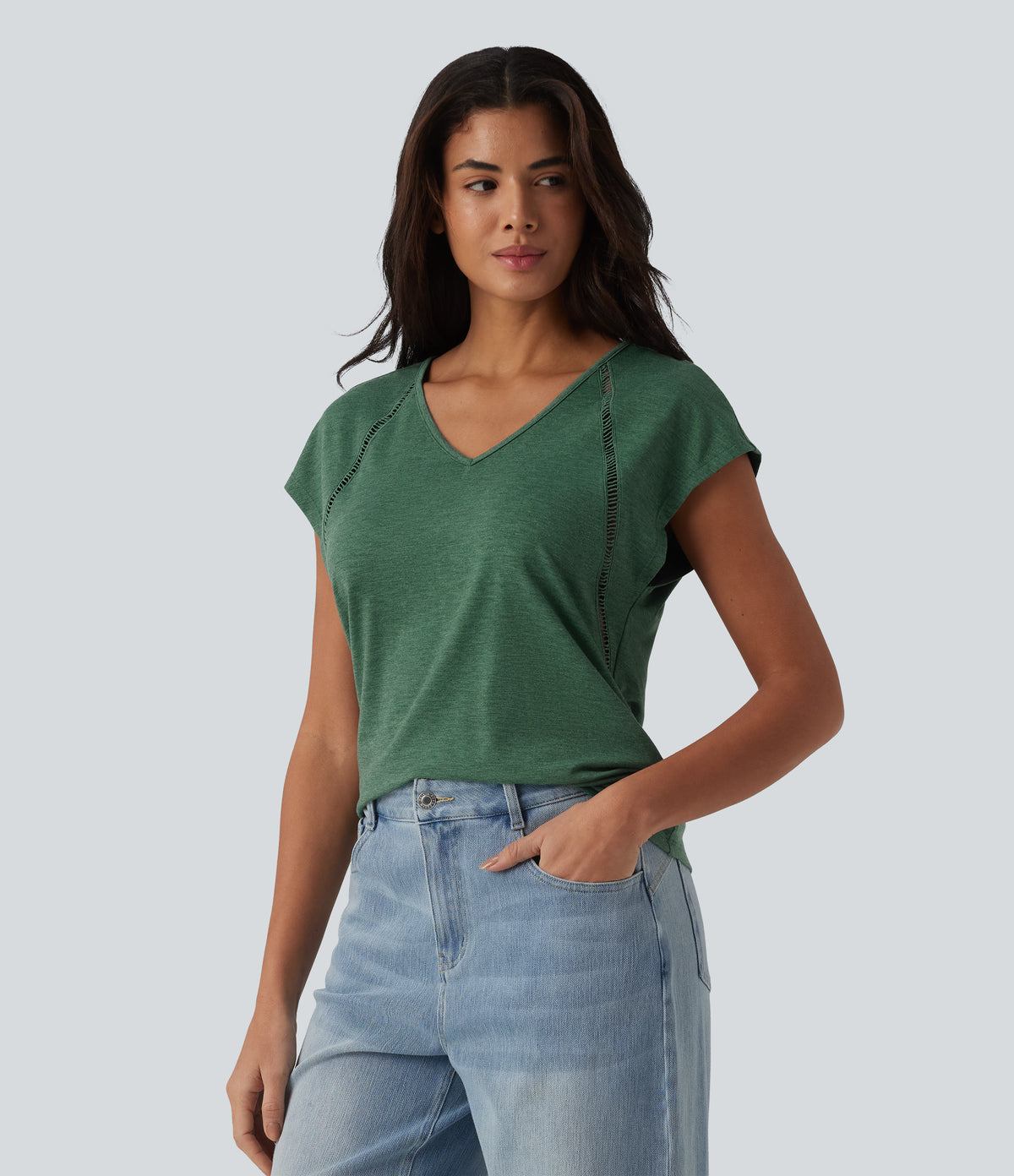 V Neck Batwing Short Sleeve Heathered Casual T-Shirt — Emerald Floral Yarn — view 3