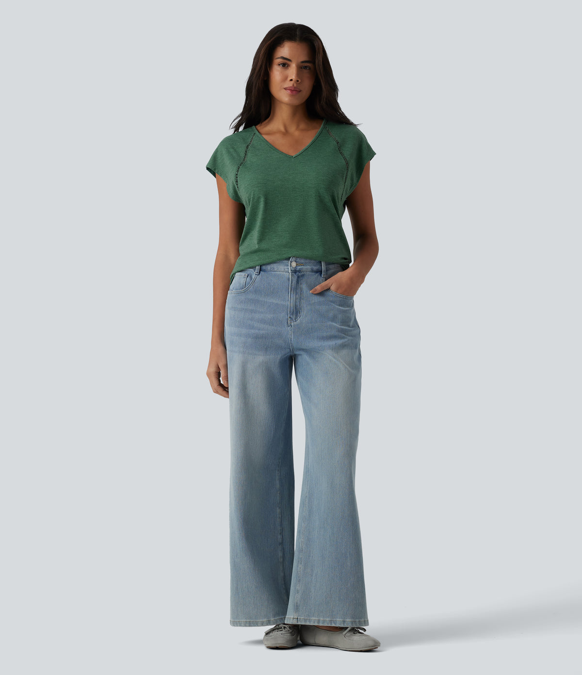 V Neck Batwing Short Sleeve Heathered Casual T-Shirt — Emerald Floral Yarn — view 6