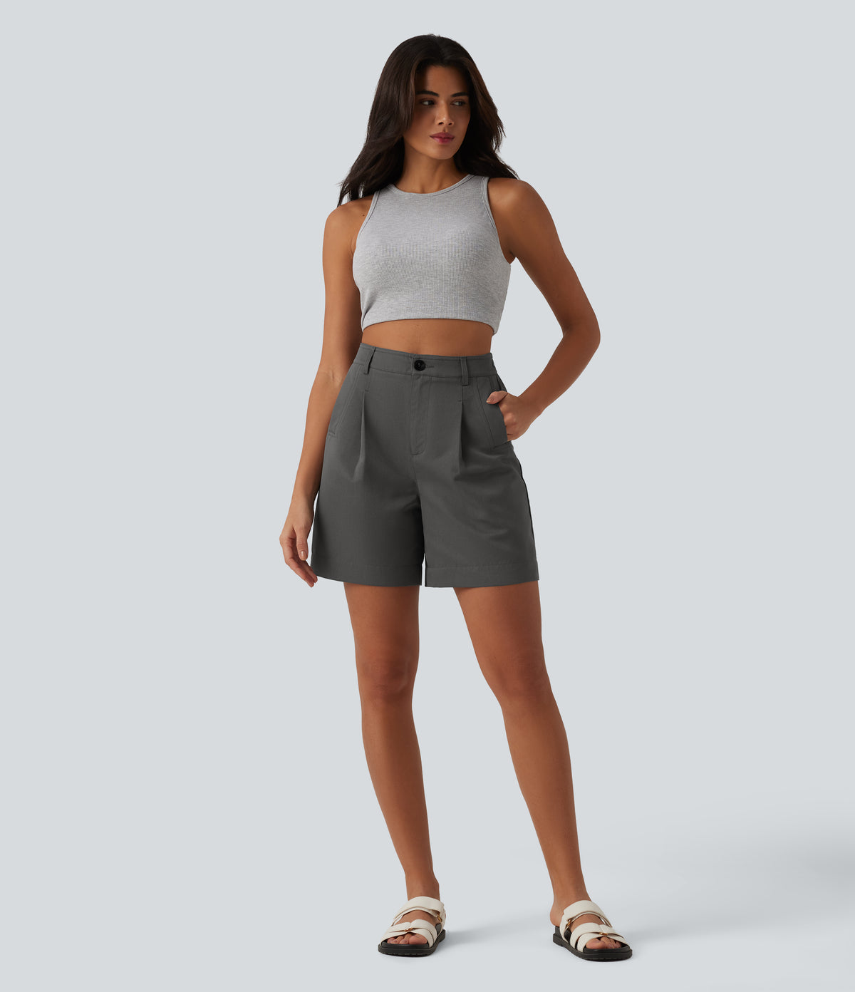 High Waisted Casual Baggy Shorts with Pockets — Sweet Dreams - Smokey Grey — view 6