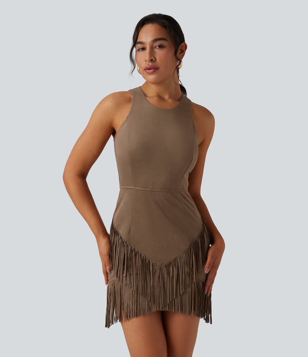 Round Neck Sleeveless Fringe Bodycon Suede Mini Dress — Coca Mocha — view 1