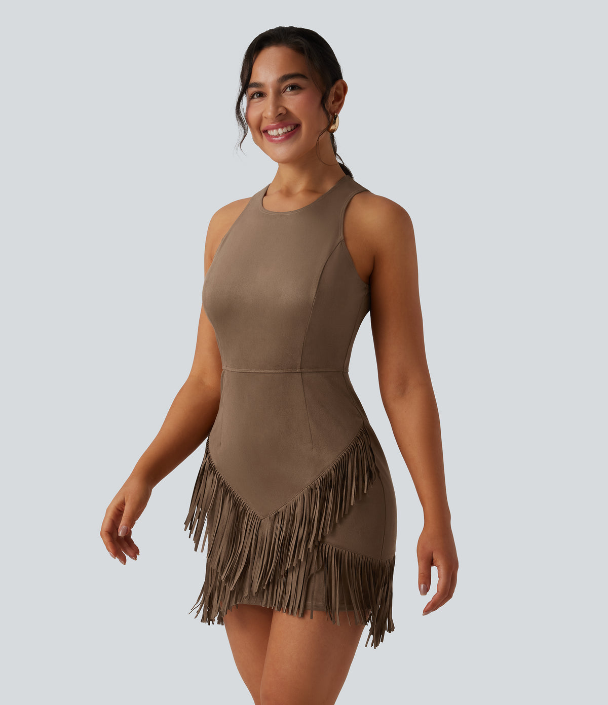 Round Neck Sleeveless Fringe Bodycon Suede Mini Dress — Coca Mocha — view 3