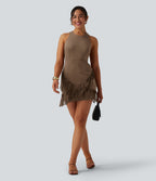 Round Neck Sleeveless Fringe Bodycon Suede Mini Dress — Coca Mocha — view 6