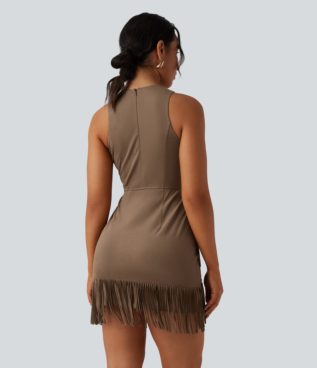 Round Neck Sleeveless Fringe Bodycon Suede Mini Dress — Coca Mocha — view 2