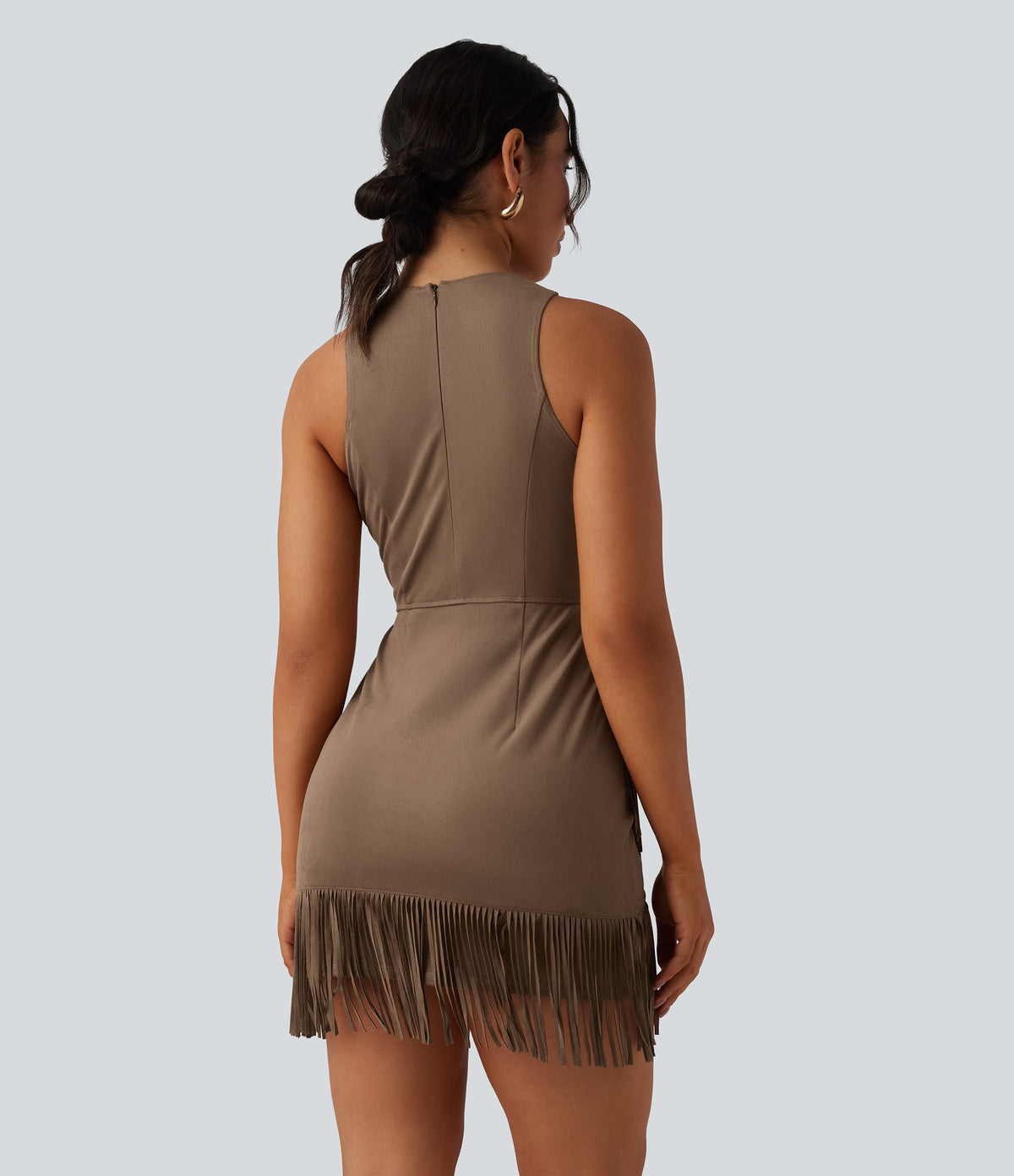 Round Neck Sleeveless Fringe Bodycon Suede Mini Dress — Coca Mocha — view 2