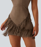 Round Neck Sleeveless Fringe Bodycon Suede Mini Dress — Coca Mocha — view 5