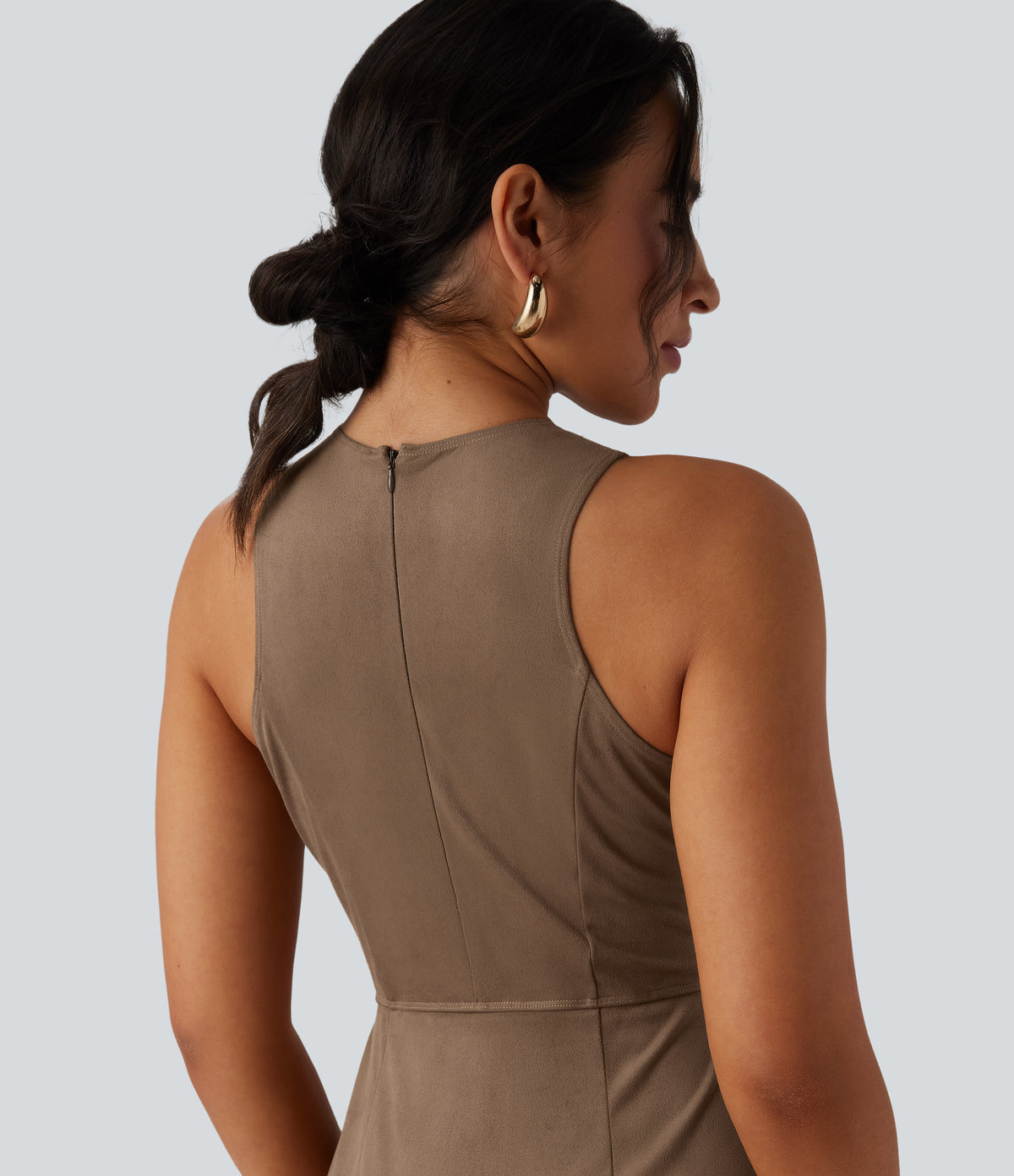 Round Neck Sleeveless Fringe Bodycon Suede Mini Dress — Coca Mocha — view 4