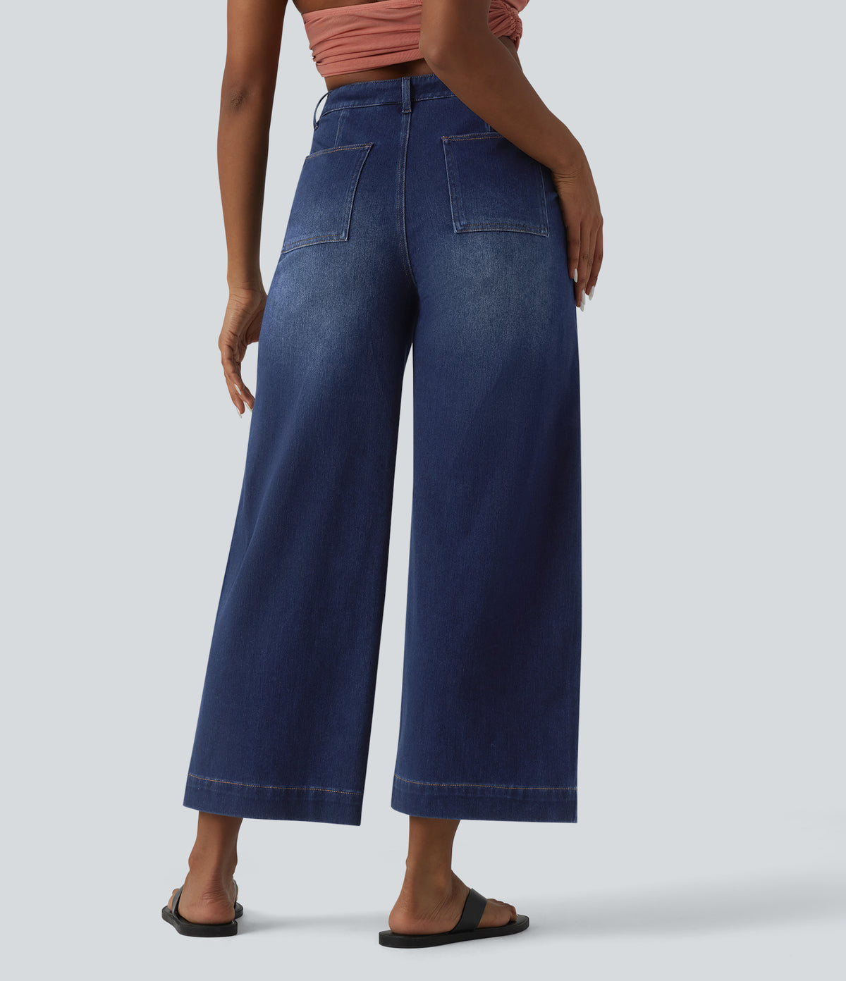 High Waisted Tummy Control Casual Baggy Jeans with Pockets — Pageant Blue Denim — view 2