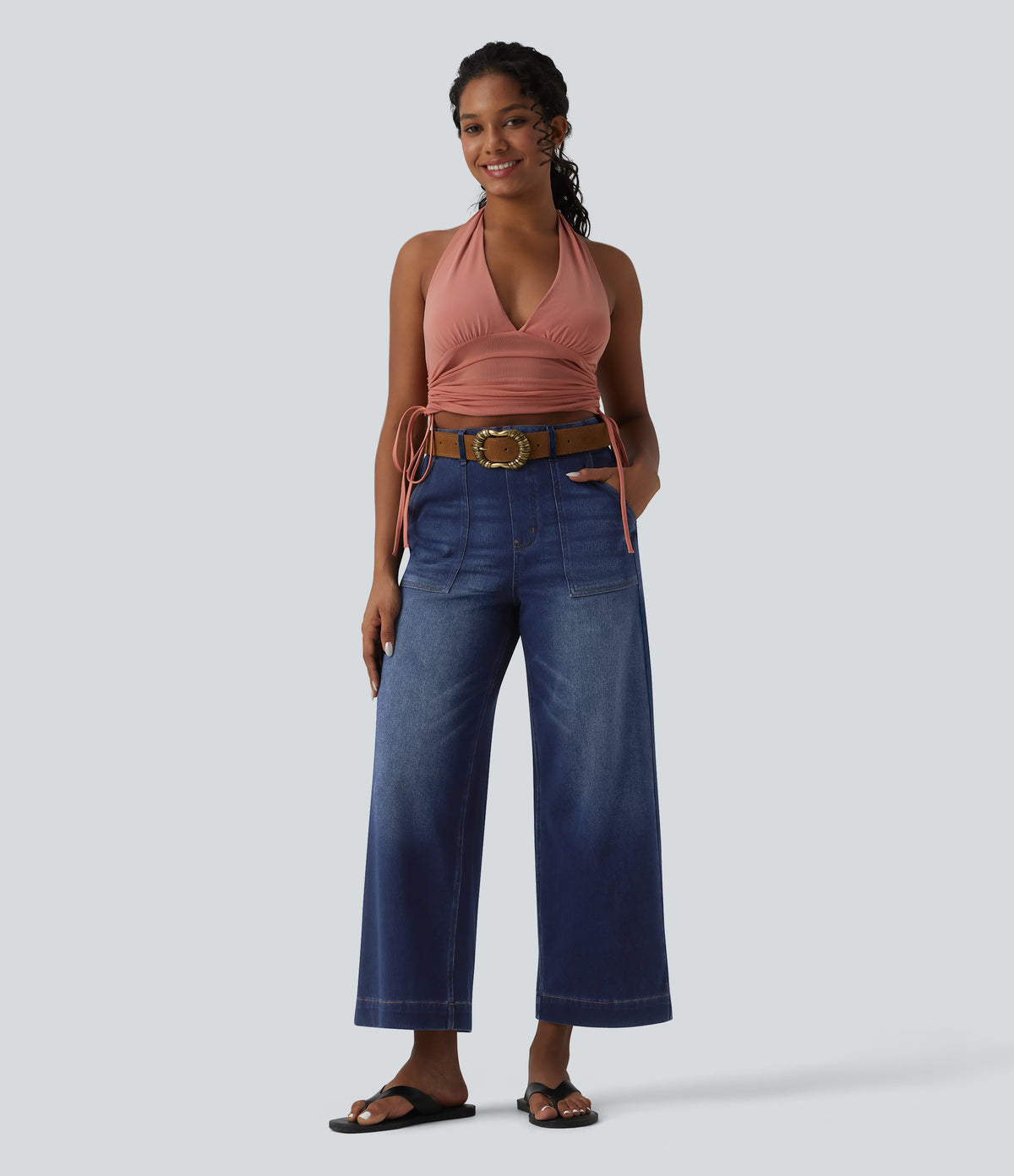 High Waisted Tummy Control Casual Baggy Jeans with Pockets — Pageant Blue Denim — view 6