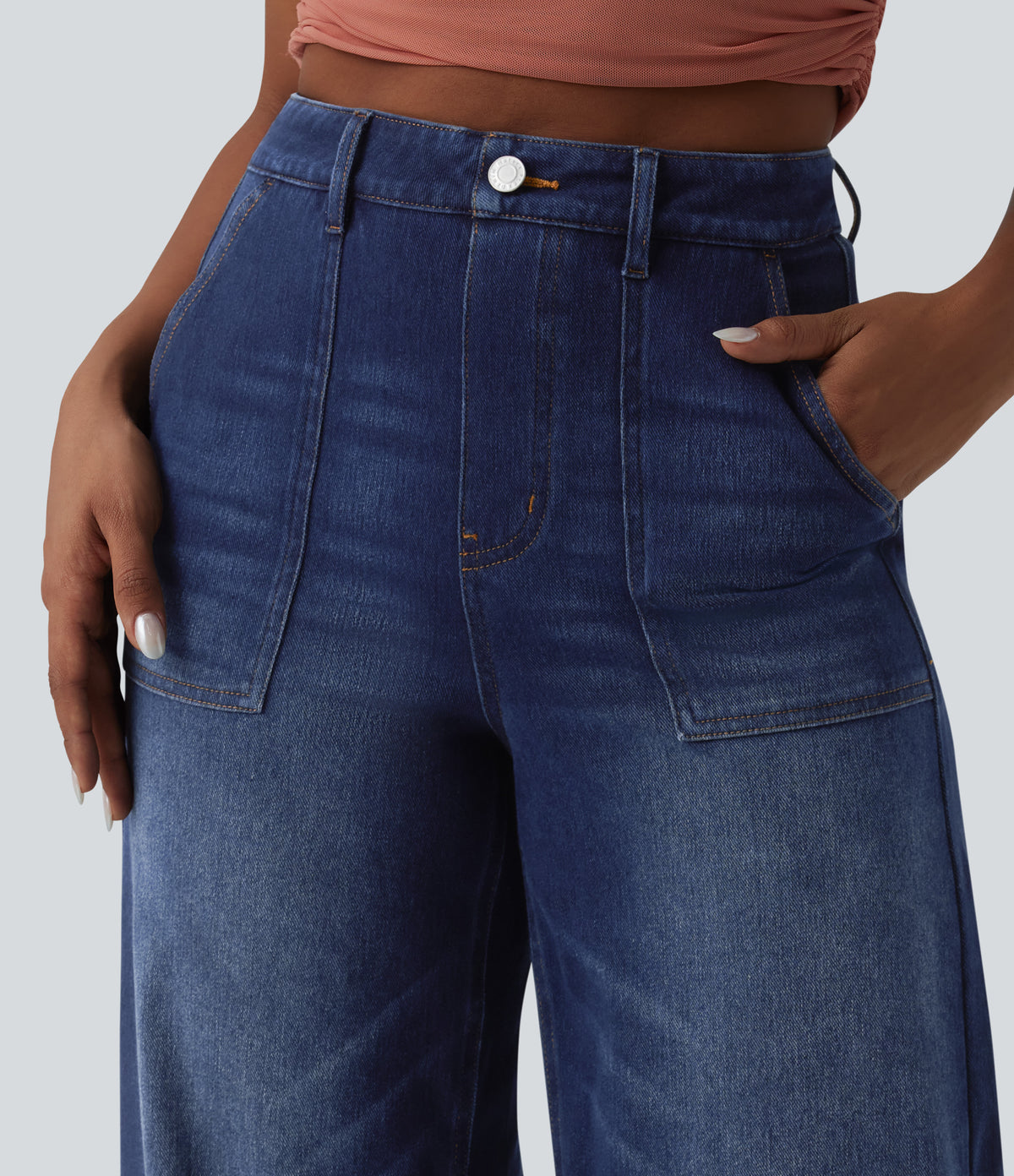 High Waisted Tummy Control Casual Baggy Jeans with Pockets — Pageant Blue Denim — view 4