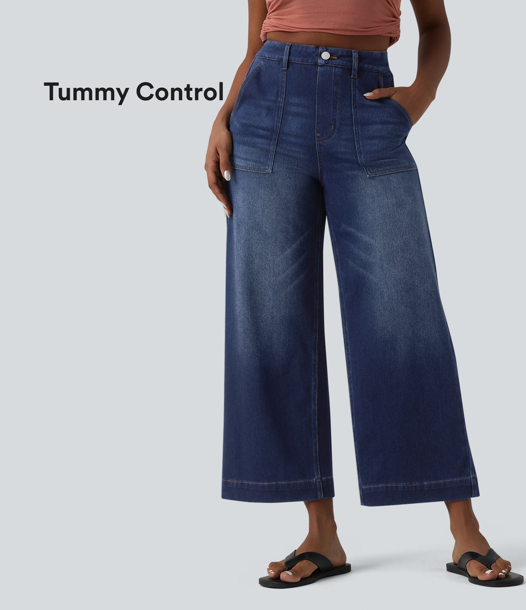 High Waisted Tummy Control Casual Baggy Jeans with Pockets — Pageant Blue Denim — view 1