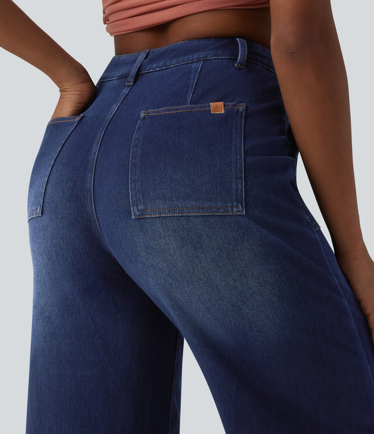 High Waisted Tummy Control Casual Baggy Jeans with Pockets — Pageant Blue Denim — view 5