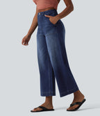 High Waisted Tummy Control Casual Baggy Jeans with Pockets — Pageant Blue Denim — view 3