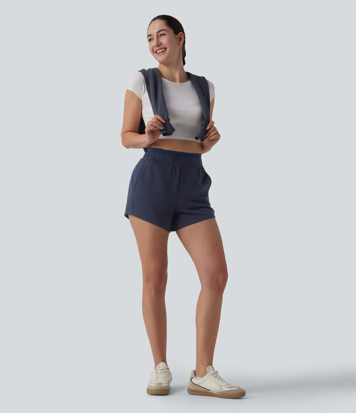 High Waisted 2-in-1 Casual Sweat Shorts 4'' with Pockets — Black Iris — view 7