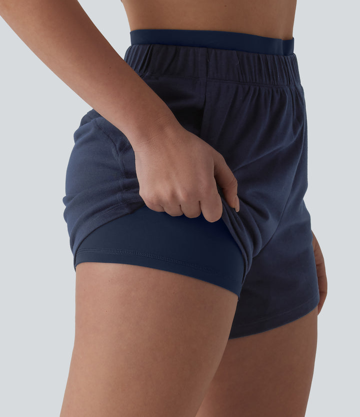High Waisted 2-in-1 Casual Sweat Shorts 4'' with Pockets — Black Iris — view 1