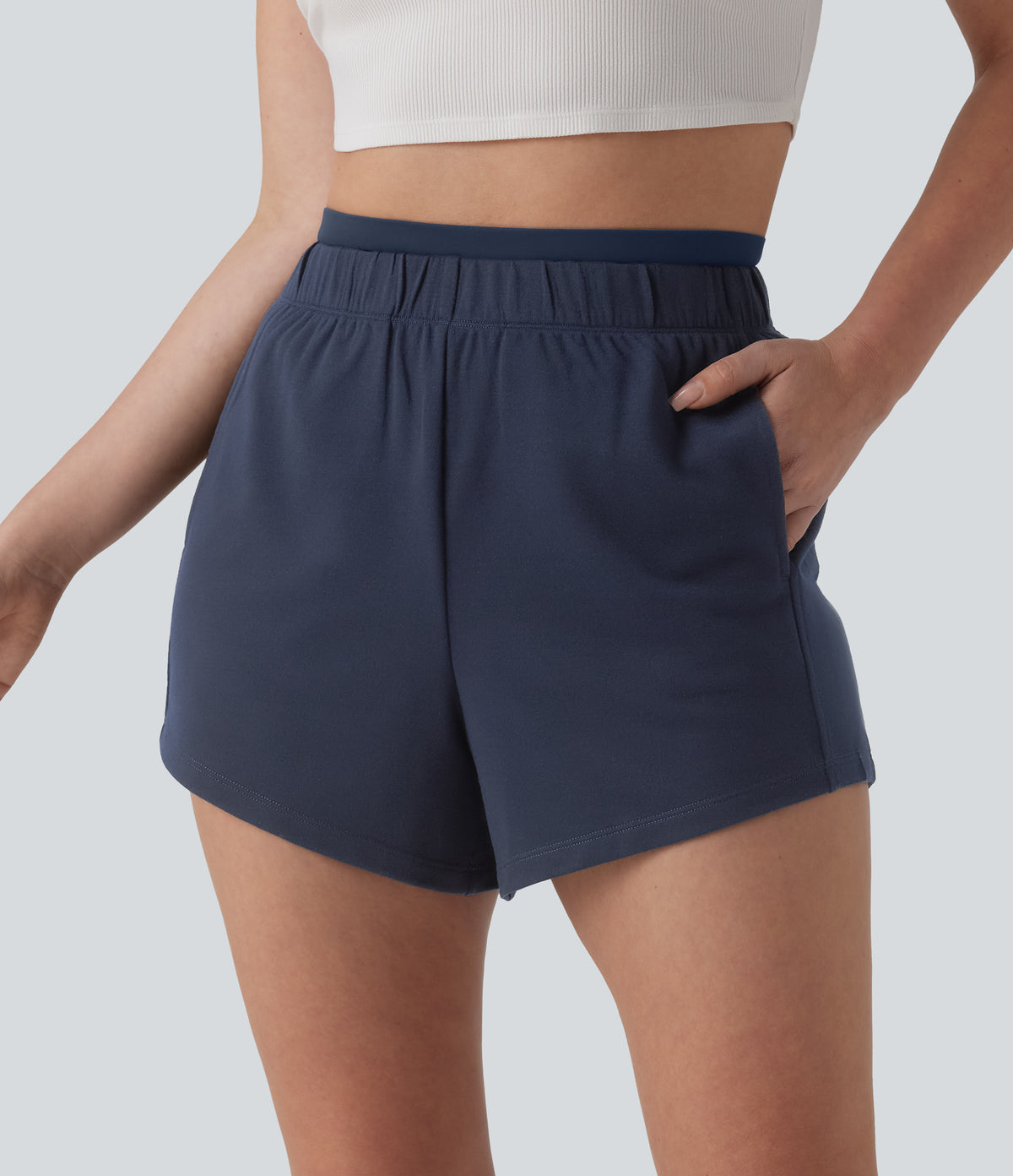 High Waisted 2-in-1 Casual Sweat Shorts 4'' with Pockets — Black Iris — view 5