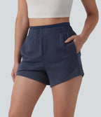 High Waisted 2-in-1 Casual Sweat Shorts 4'' with Pockets — Black Iris — view 4