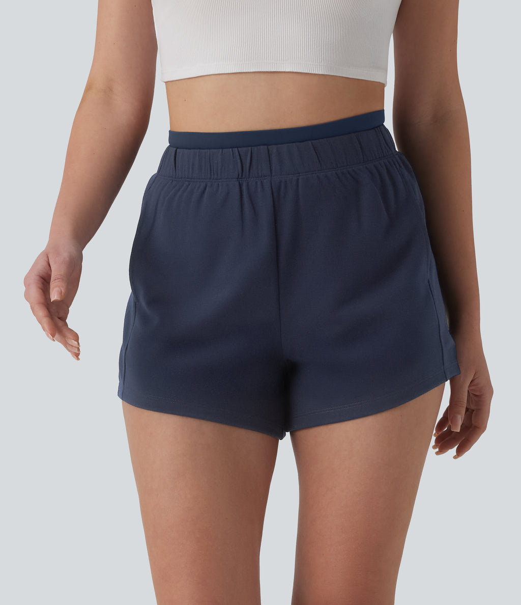 High Waisted 2-in-1 Casual Sweat Shorts 4'' with Pockets — Black Iris — view 3