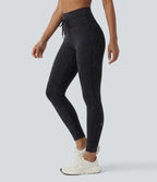 High Waisted Drawstring Casual 7/8 Leggings with Pockets — Black — view 1