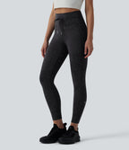 High Waisted Drawstring Casual 7/8 Leggings with Pockets — Black — view 4
