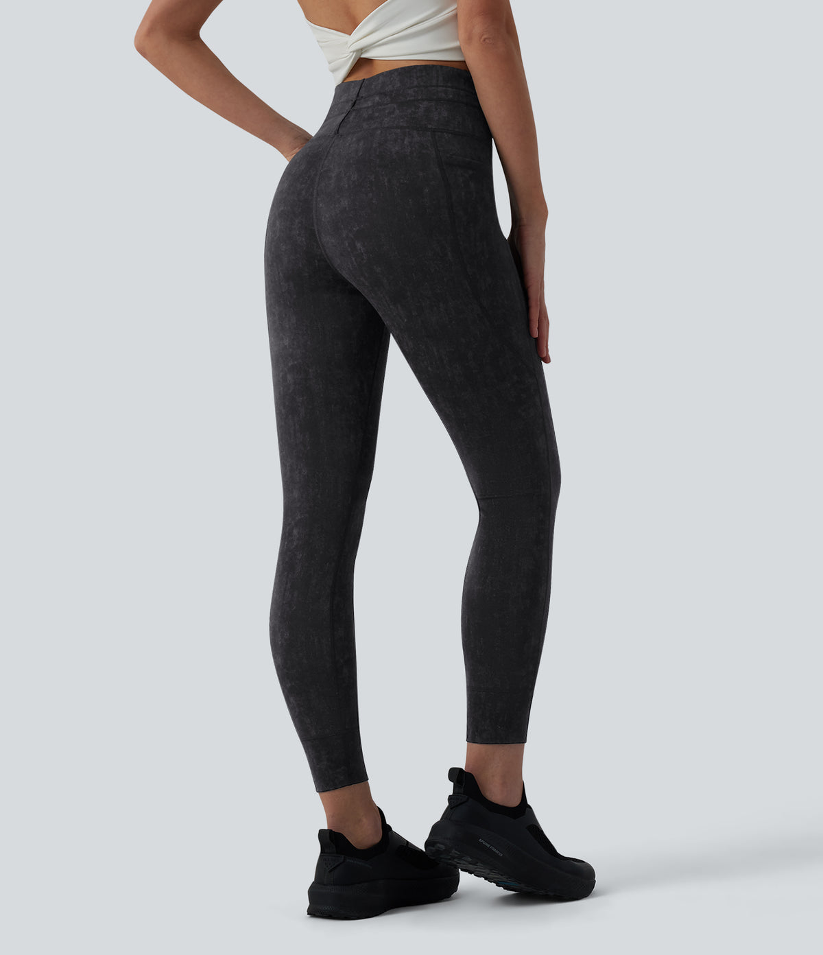 High Waisted Drawstring Casual 7/8 Leggings with Pockets — Black — view 2
