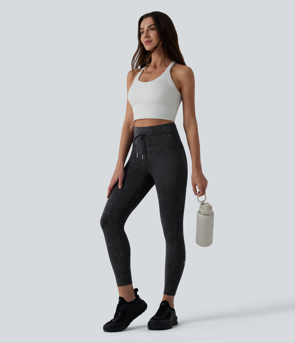 High Waisted Drawstring Casual 7/8 Leggings with Pockets — Black — view 7