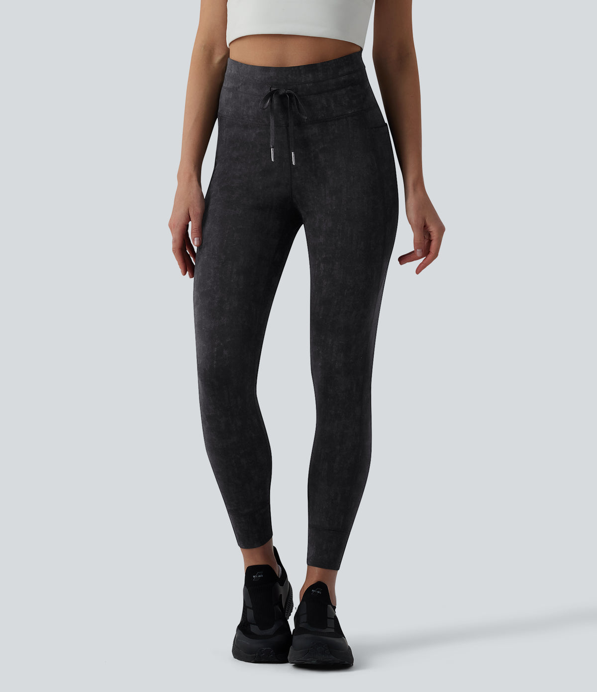 High Waisted Drawstring Casual 7/8 Leggings with Pockets — Black — view 3