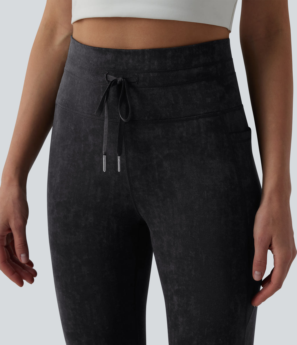 High Waisted Drawstring Casual 7/8 Leggings with Pockets — Black — view 5