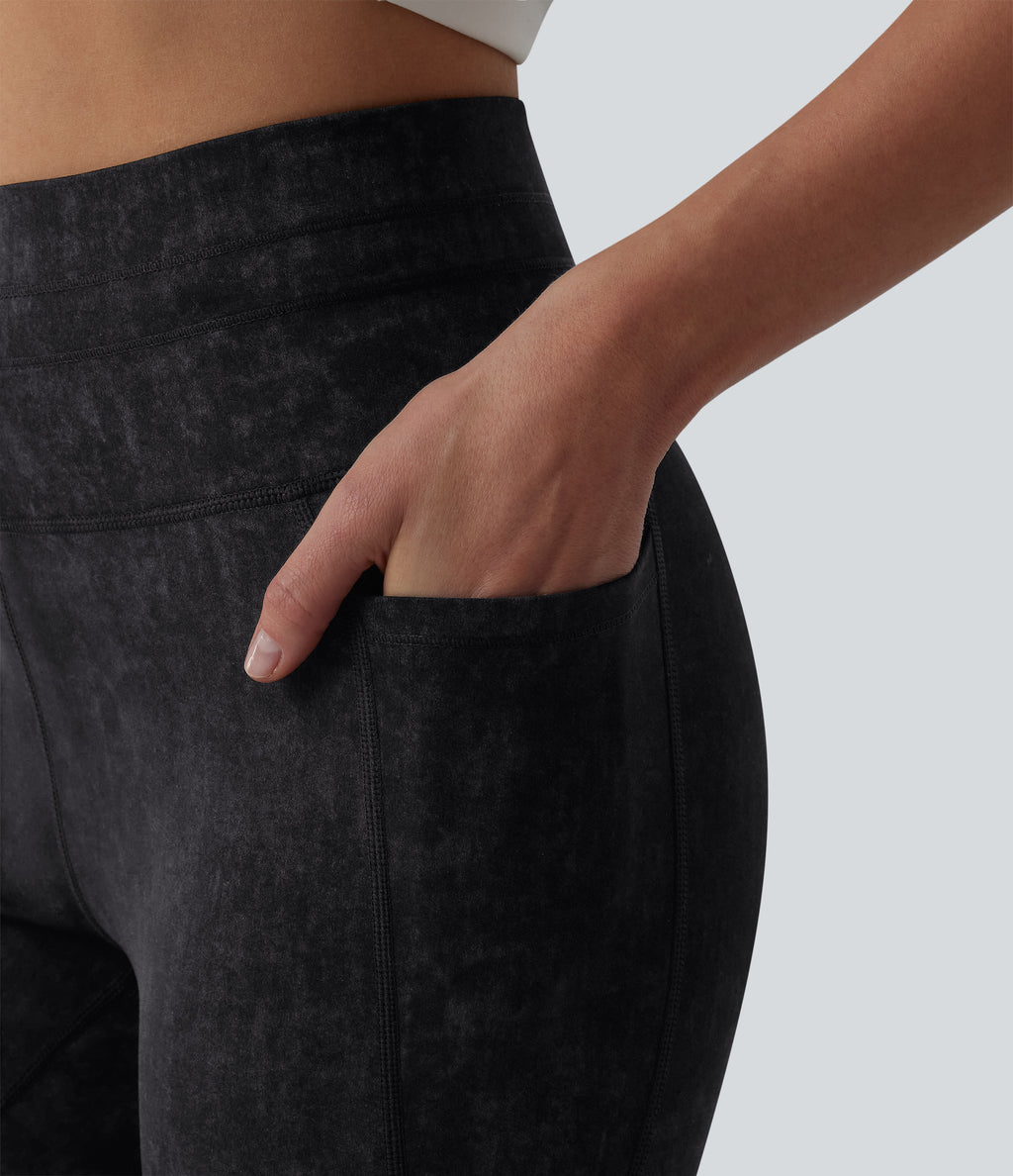 High Waisted Drawstring Casual 7/8 Leggings with Pockets — Black — view 6