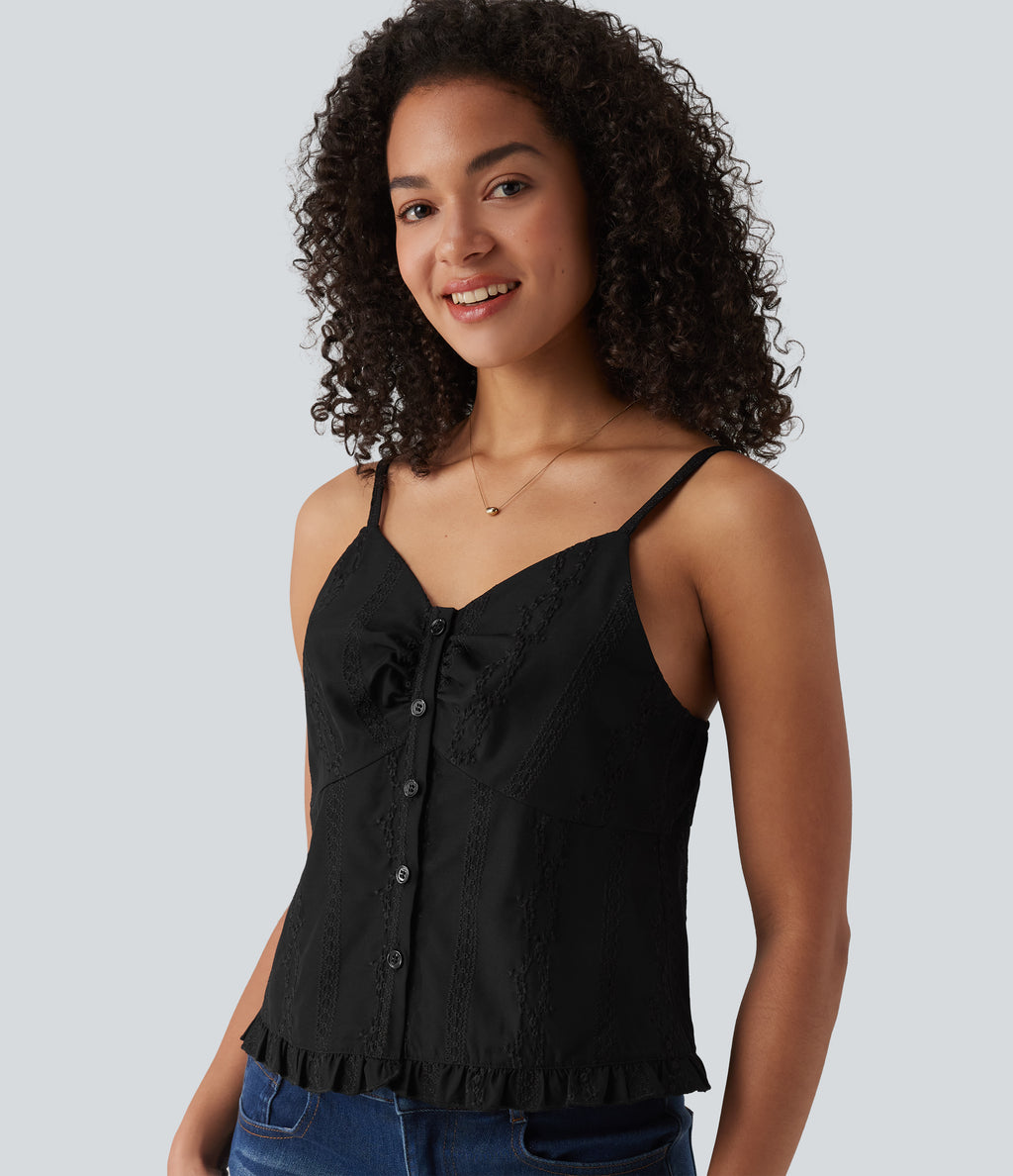 V Neck Ruffle Hem Embroidery Resort Tank Top — Black — view 1