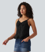 V Neck Ruffle Hem Embroidery Resort Tank Top — Black — view 4