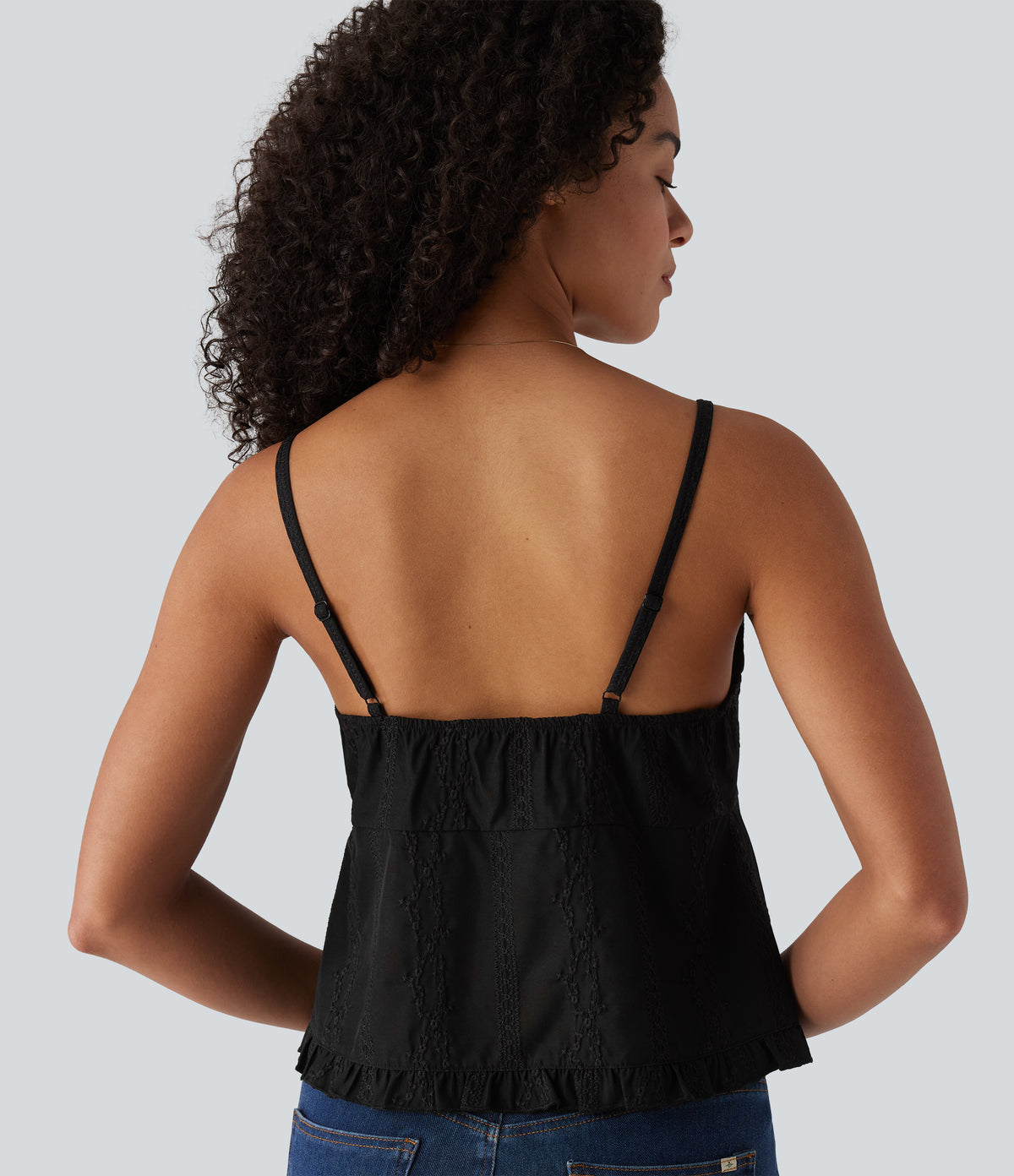 V Neck Ruffle Hem Embroidery Resort Tank Top — Black — view 5