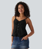 V Neck Ruffle Hem Embroidery Resort Tank Top — Black — view 3