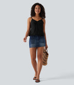 V Neck Ruffle Hem Embroidery Resort Tank Top — Black — view 6