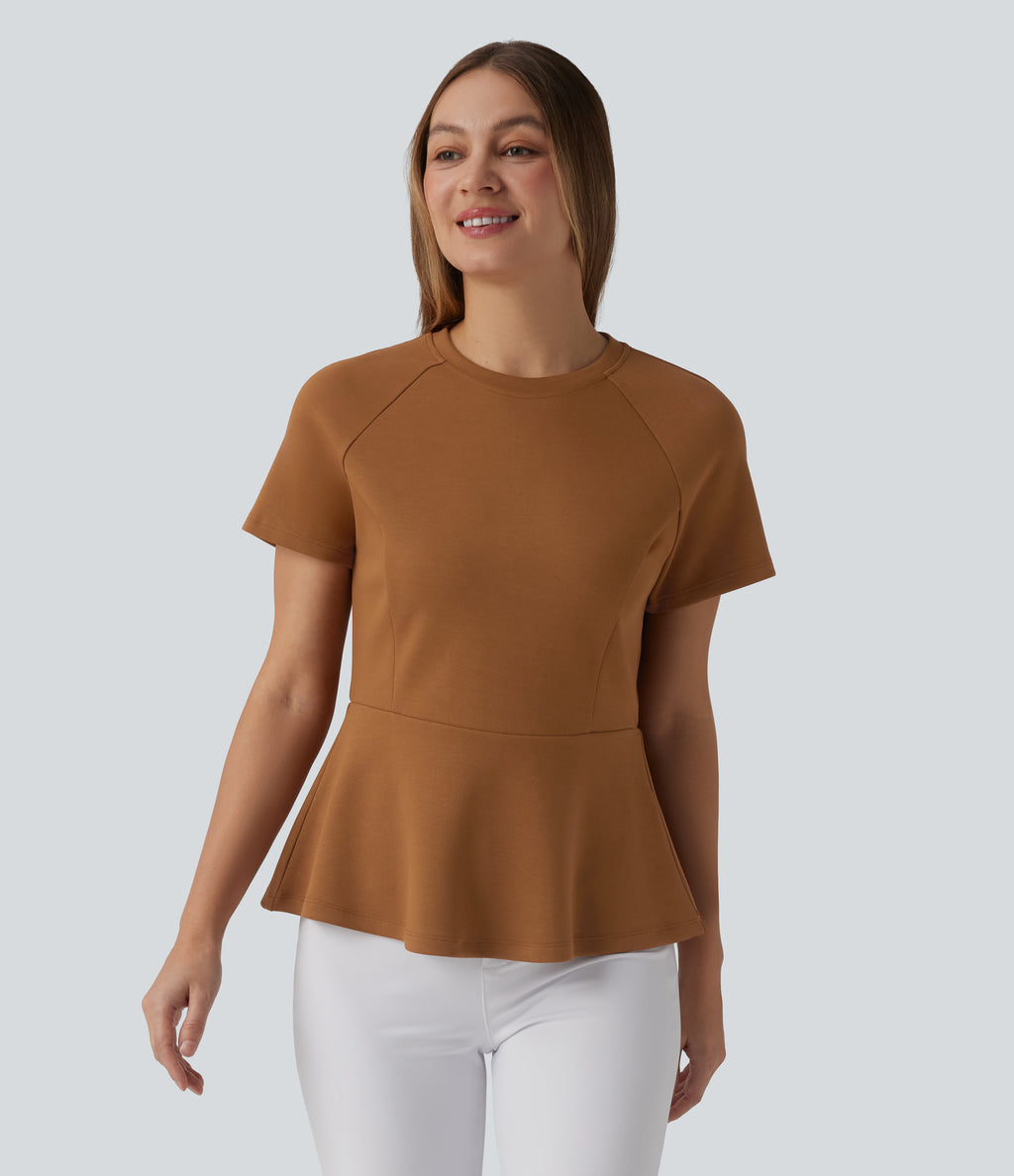 Round Neck Short Sleeve Work Peplum Top — Glazed Ginger — view 4