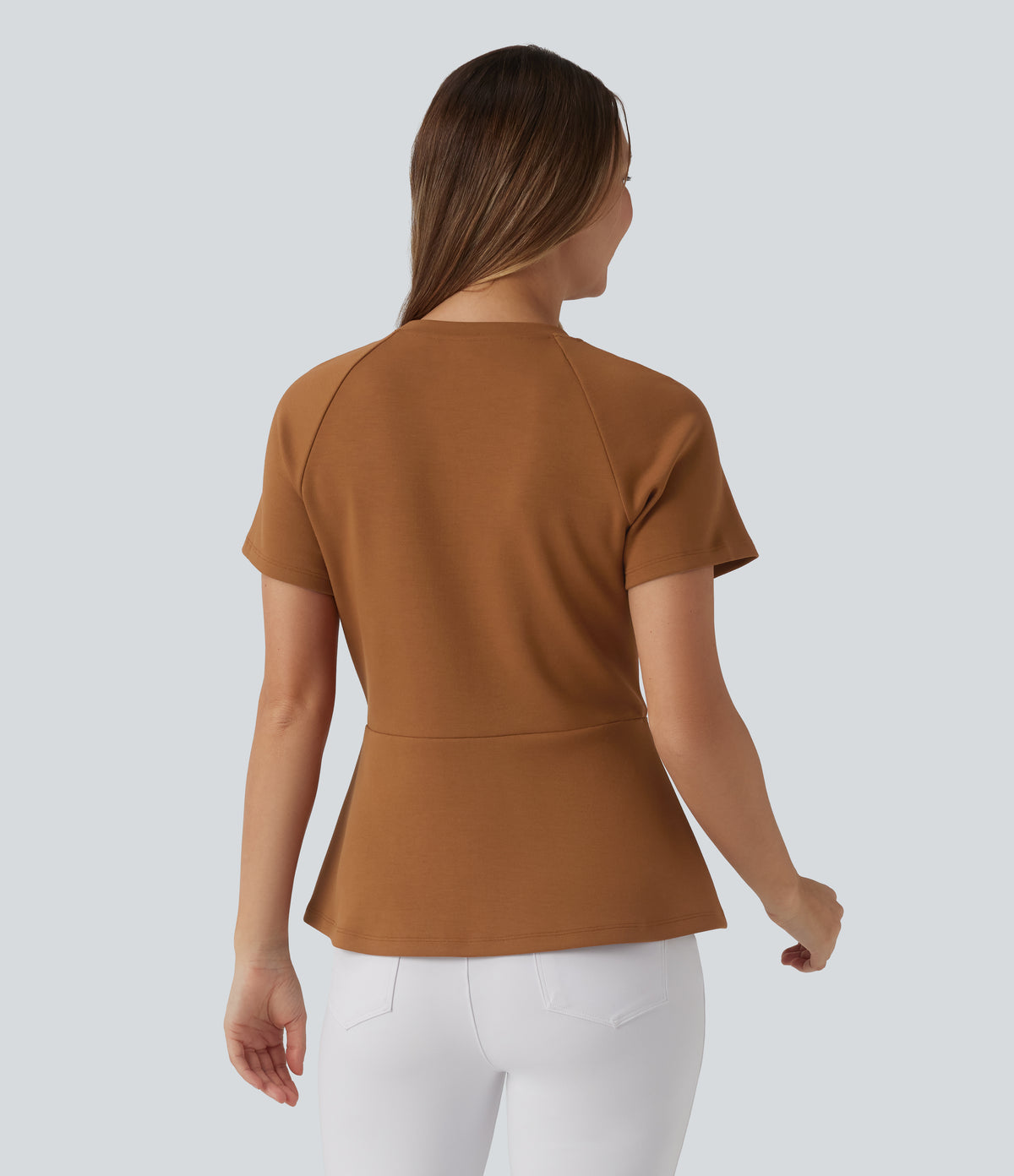 Round Neck Short Sleeve Work Peplum Top — Glazed Ginger — view 2