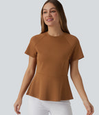 Round Neck Short Sleeve Work Peplum Top — Glazed Ginger — view 1