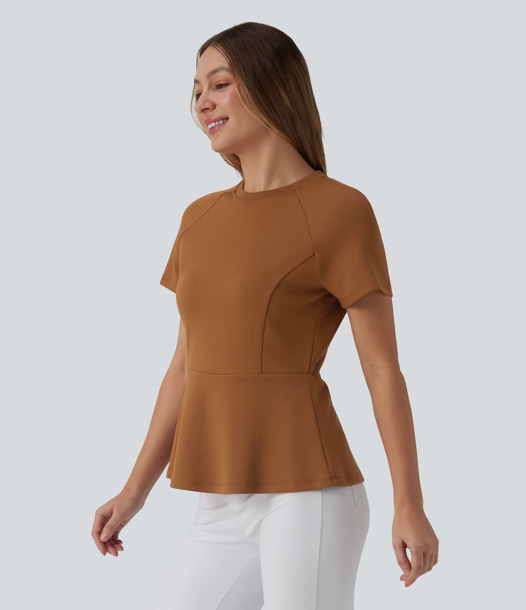 Round Neck Short Sleeve Work Peplum Top — Glazed Ginger — view 3
