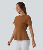 Round Neck Short Sleeve Work Peplum Top — Glazed Ginger — view 3