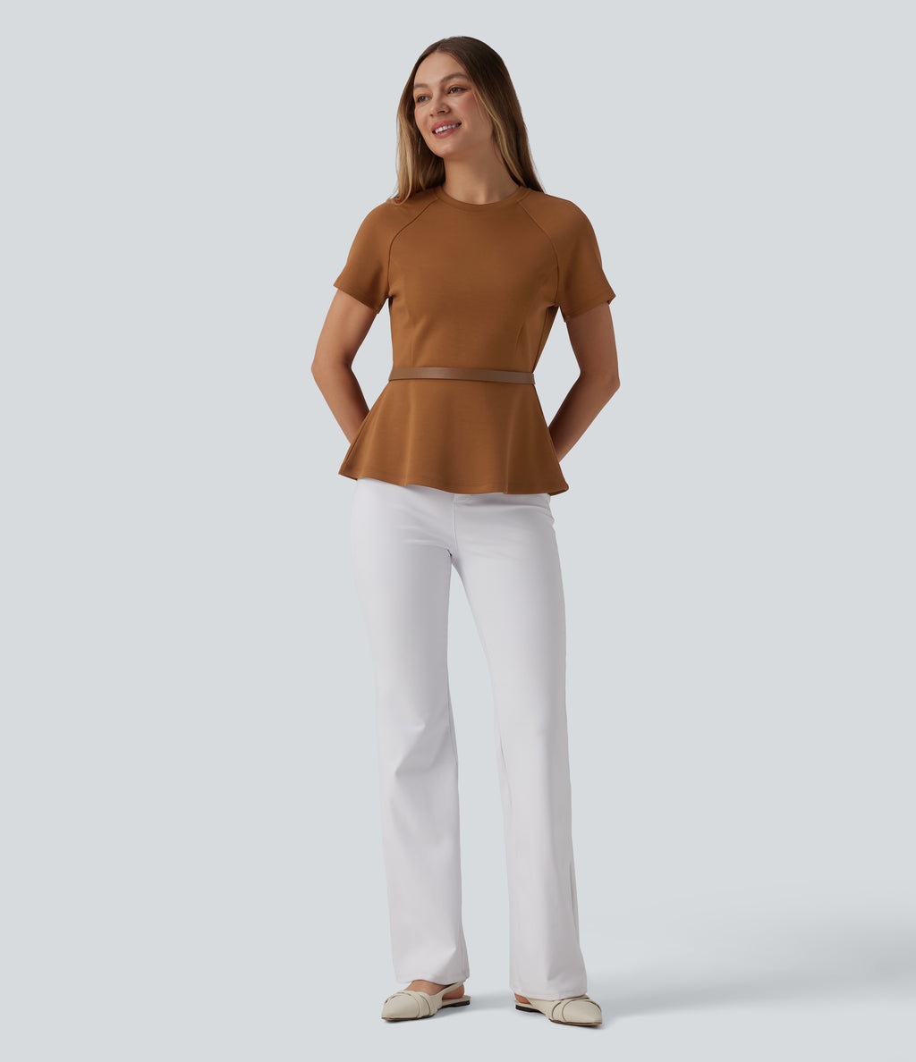 Round Neck Short Sleeve Work Peplum Top — Glazed Ginger — view 5